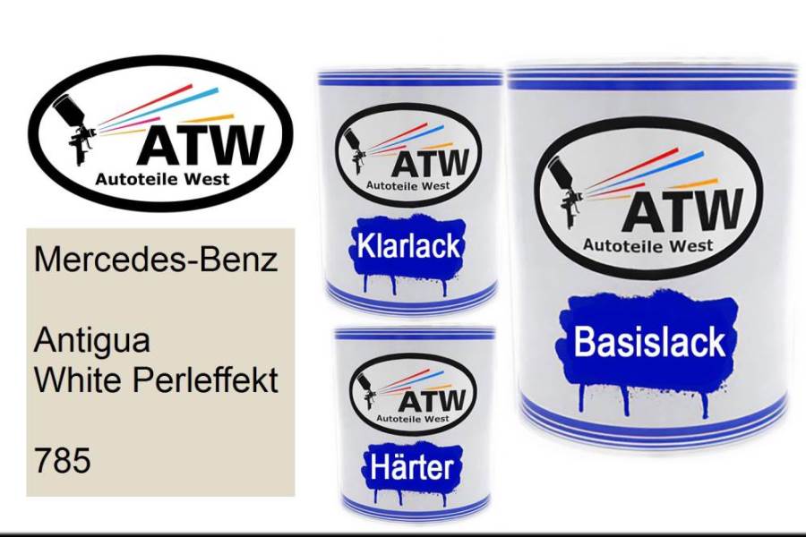 Mercedes-Benz, Antigua White Perleffekt, 785: 1L Lackdose + 1L Klarlack + 500ml Härter - Set, von ATW Autoteile West.
